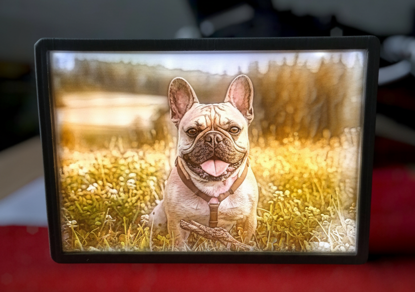Small screen displaying an image of a dog on a red surface