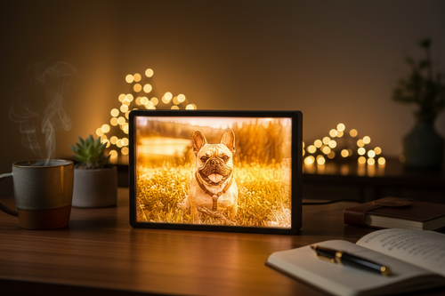 Small screen displaying an image of a dog on a red surface