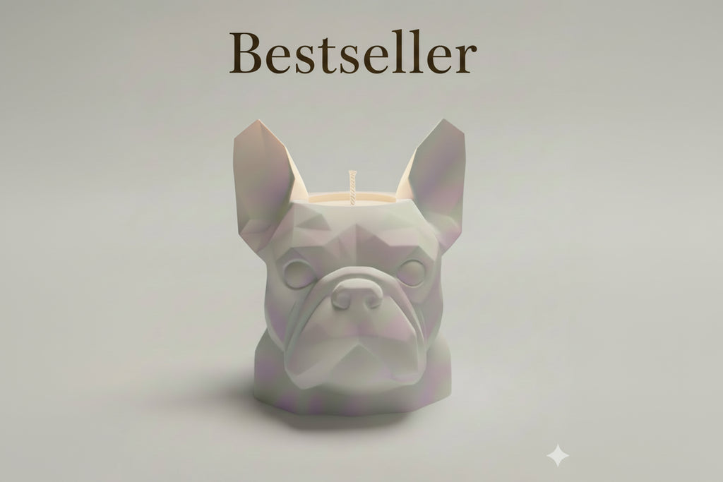 Coastal Frenchie Candle - Sea Salt scented soy candle in stonecast French Bulldog head container with cotton wick
