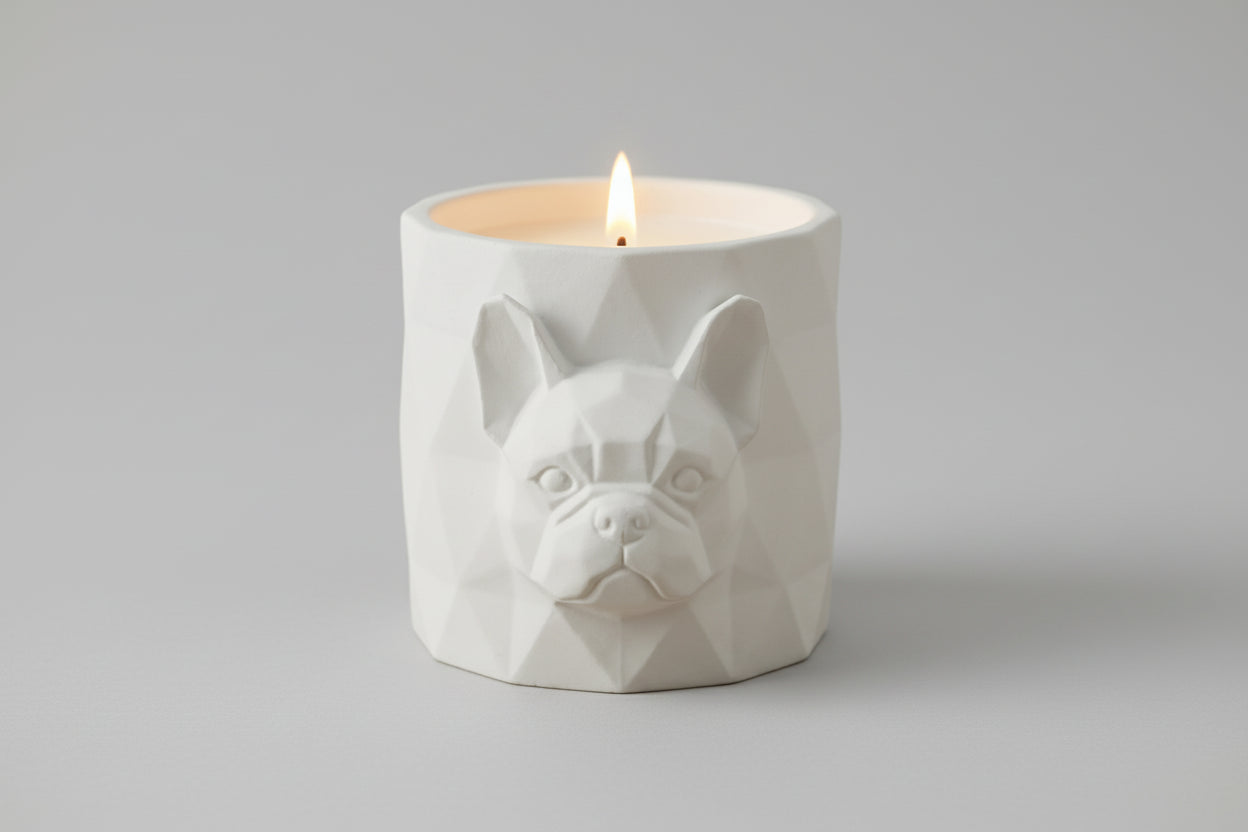 Geometric French Bulldog candle hand-painted stonecast white vanilla scent