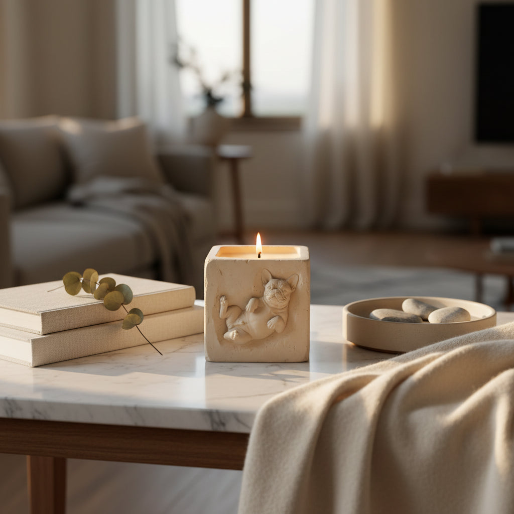 A square cream-colored candle holder made of textured concrete or stone, featuring a relief carving of a French bulldog lying down. A lit candle is placed inside, casting a warm glow against a neutral gray background.