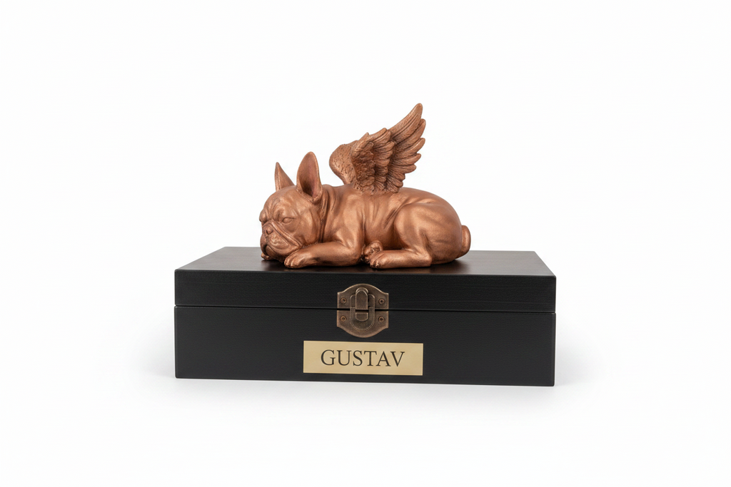 A black wooden keepsake box with a gold plaque reading 'CUSTAN' sits on a rustic wooden sideboard in a warm, decorated room. A carved brown winged dog figurine rests on top of the box, which is styled with books, a vase of dried branches, and framed wall art.