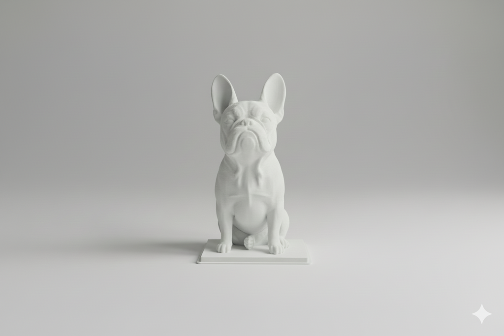 White dog statue on a dark countertop with shelves in the background