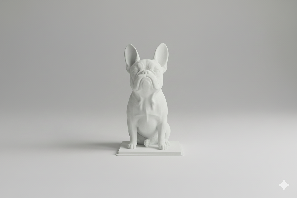 White dog statue on a dark countertop with shelves in the background