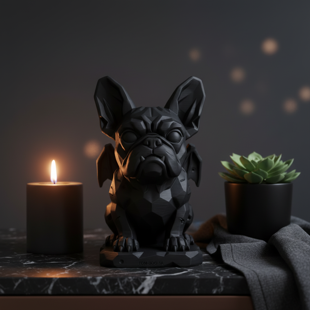 A matte black 3D-printed figurine of a French Bulldog with bat wings, sitting on a matching base against a clean white background.