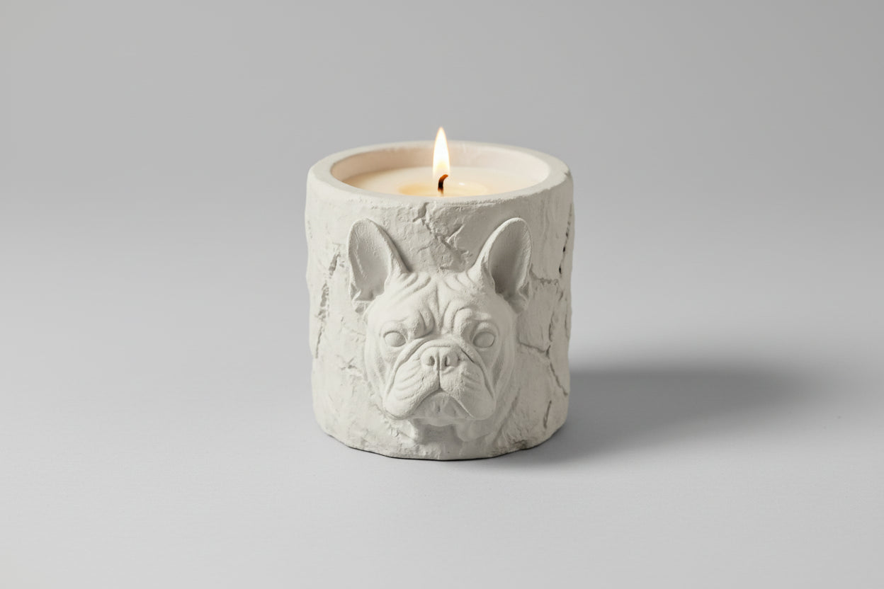 French Bulldog sandalwood candle 3D relief stonecast vessel