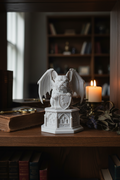 A light gray 3D-printed gargoyle figurine with spread wings and a shield, sitting on a decorative gothic pedestal base against a white background.