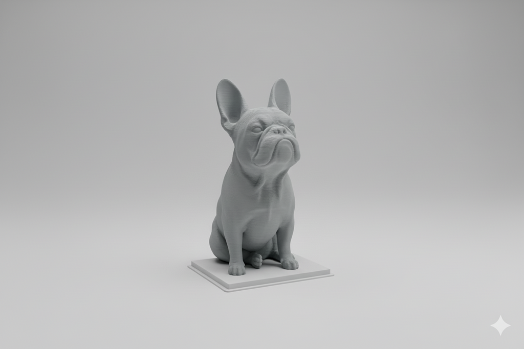 Statue of a bulldog on a desk with shelves in the background