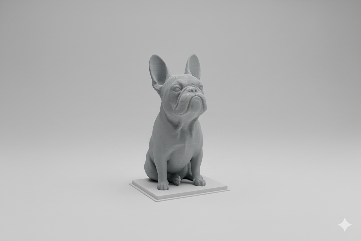 Statue of a bulldog on a desk with shelves in the background