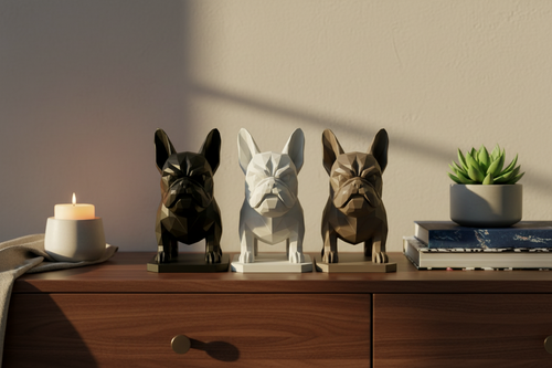 Three bulldog figurines in black, white, and gray on a light gray background