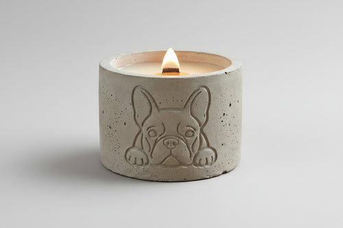 French Bulldog candle wooden wick fresh linen stonecast vessel