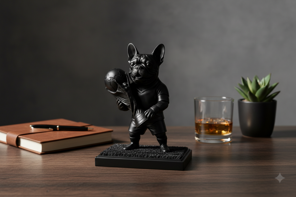 A black figurine of a French bulldog dressed in soccer attire and holding a soccer ball, standing on a textured black base against a light gray background.