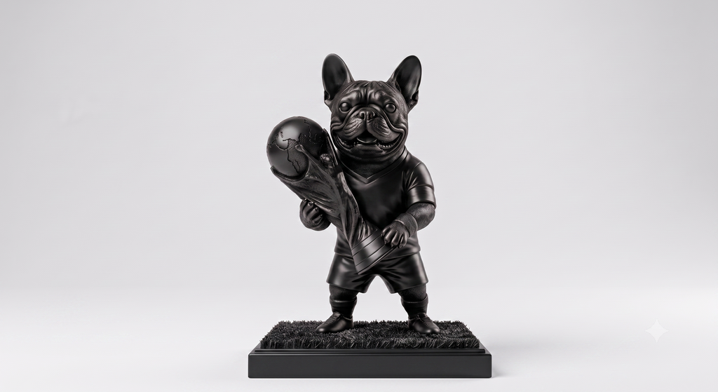 A black figurine of a French bulldog dressed in soccer attire and holding a soccer ball, standing on a textured black base against a light gray background.