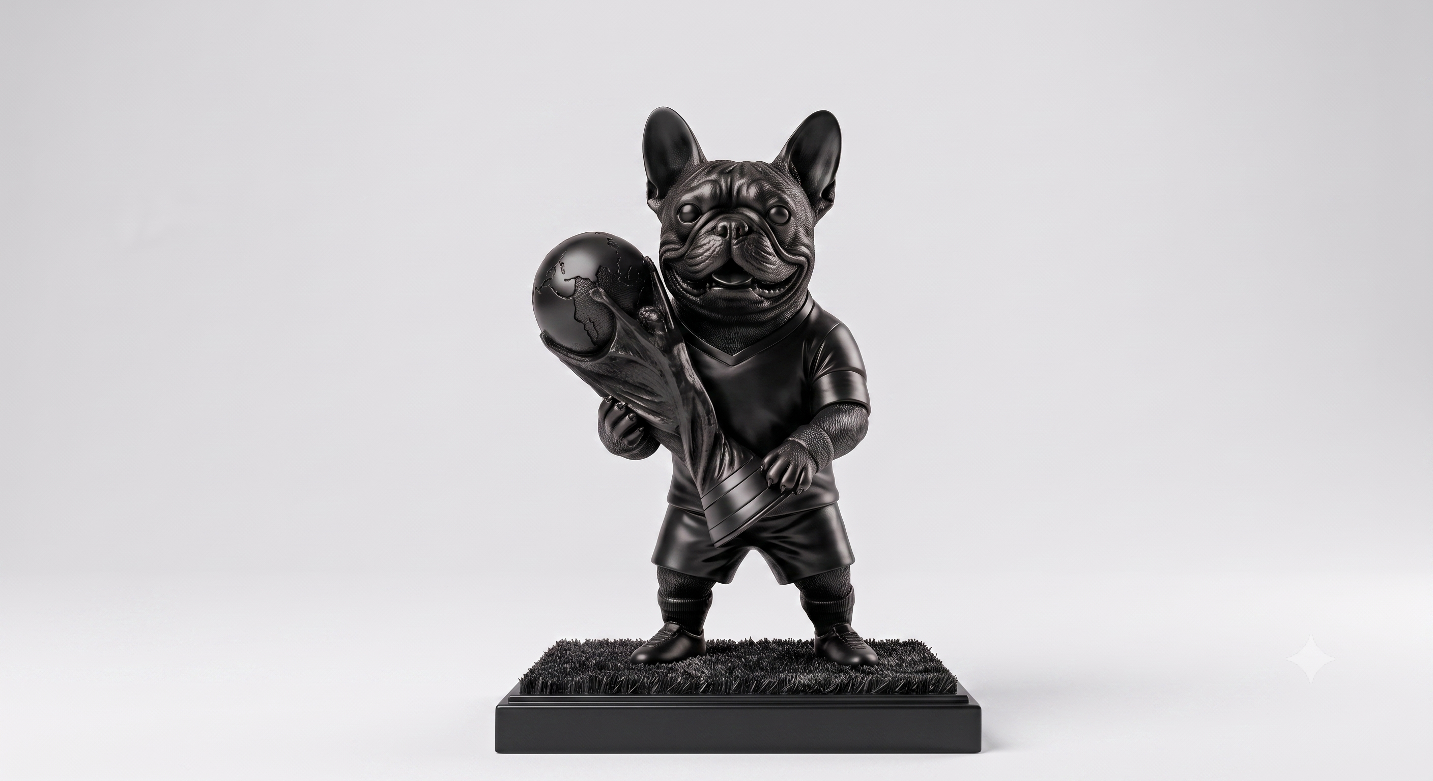 A black figurine of a French bulldog dressed in soccer attire and holding a soccer ball, standing on a textured black base against a light gray background.