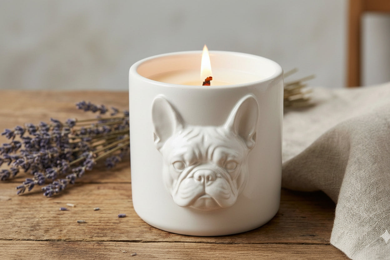 Artisan French Bulldog Stonecast Candle | Wooden Wick | Speckled Cream Or: The Stoneware Frenchie Candle - Wood Wick - Angry Frenchie