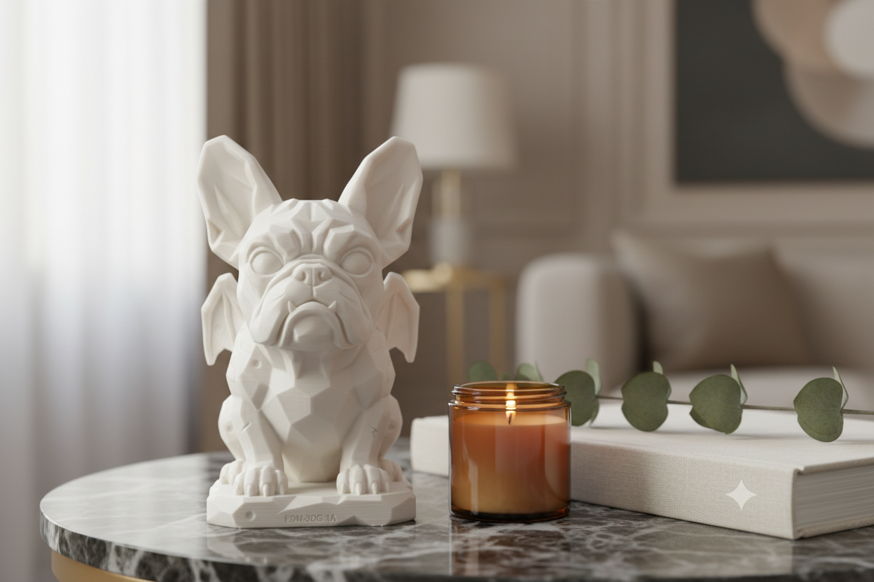 A white 3D-printed figurine of a French Bulldog in a geometric, faceted low-poly style, standing on a matching base against a clean white background.