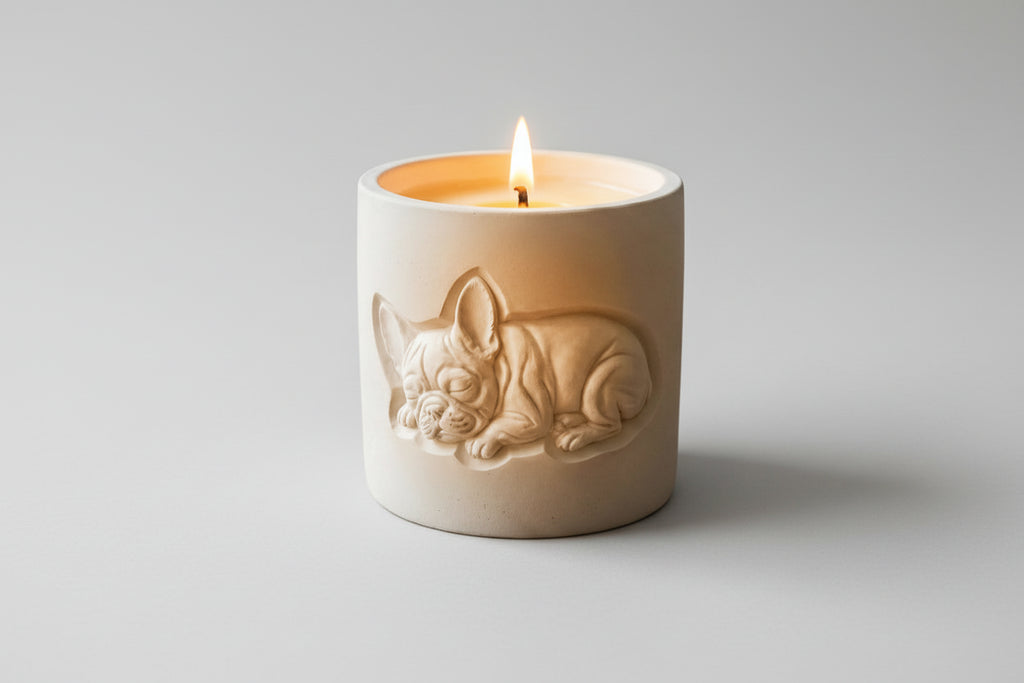 Sleeping French Bulldog lavender candle stonecast vessel front view