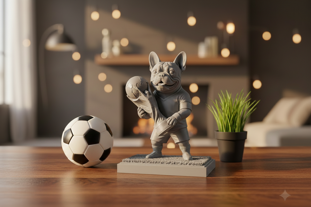 A gray figurine of a French bulldog holding a soccer ball stands on a wooden table in a cozy living room setting, next to a black and white soccer ball and a small potted plant.