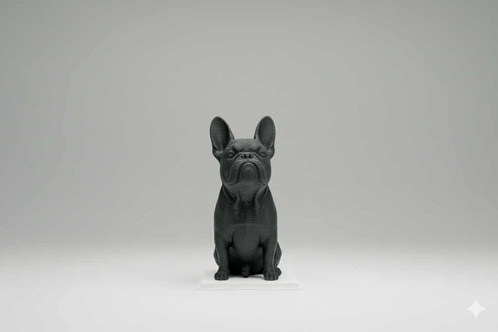Black dog statue on a desk with shelves in the background