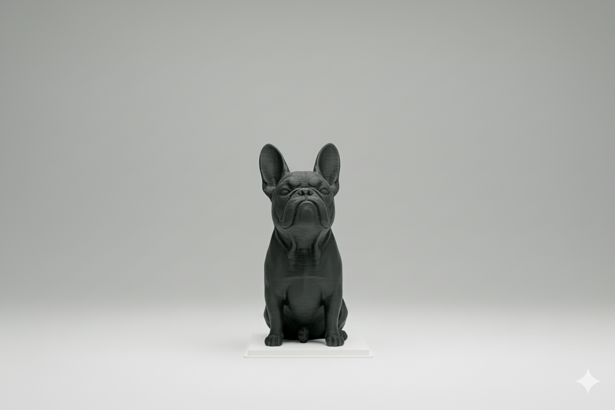 Black dog statue on a desk with shelves in the background