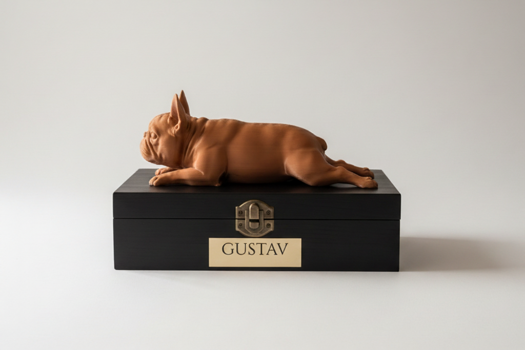A brown French Bulldog figurine lying down rests on a black wooden keepsake box with a gold nameplate that reads 'GUSTAV'. The box is styled on a rustic wooden sideboard in a bright, modern living room setting with framed dog photos on the wall.
