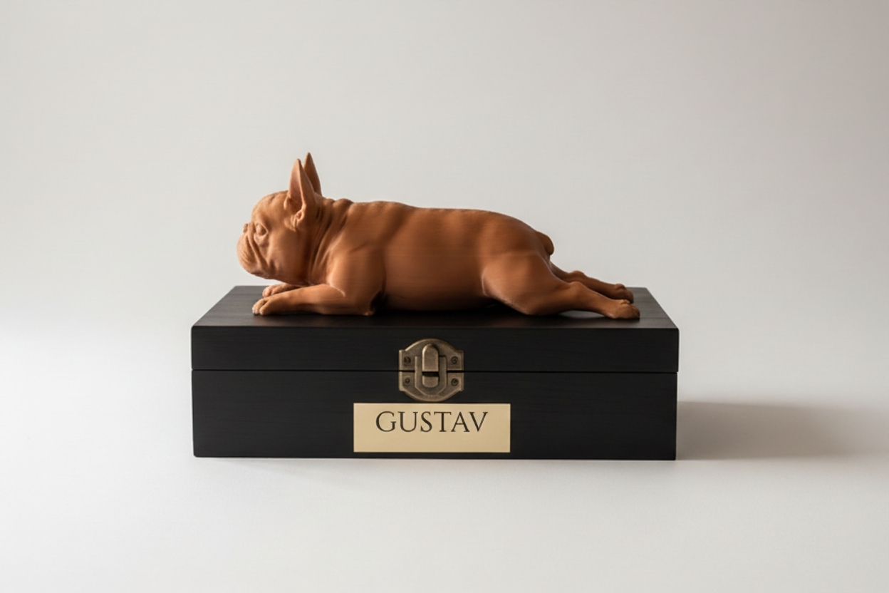 A brown French Bulldog figurine lying down rests on a black wooden keepsake box with a gold nameplate that reads 'GUSTAV'. The box is styled on a rustic wooden sideboard in a bright, modern living room setting with framed dog photos on the wall.