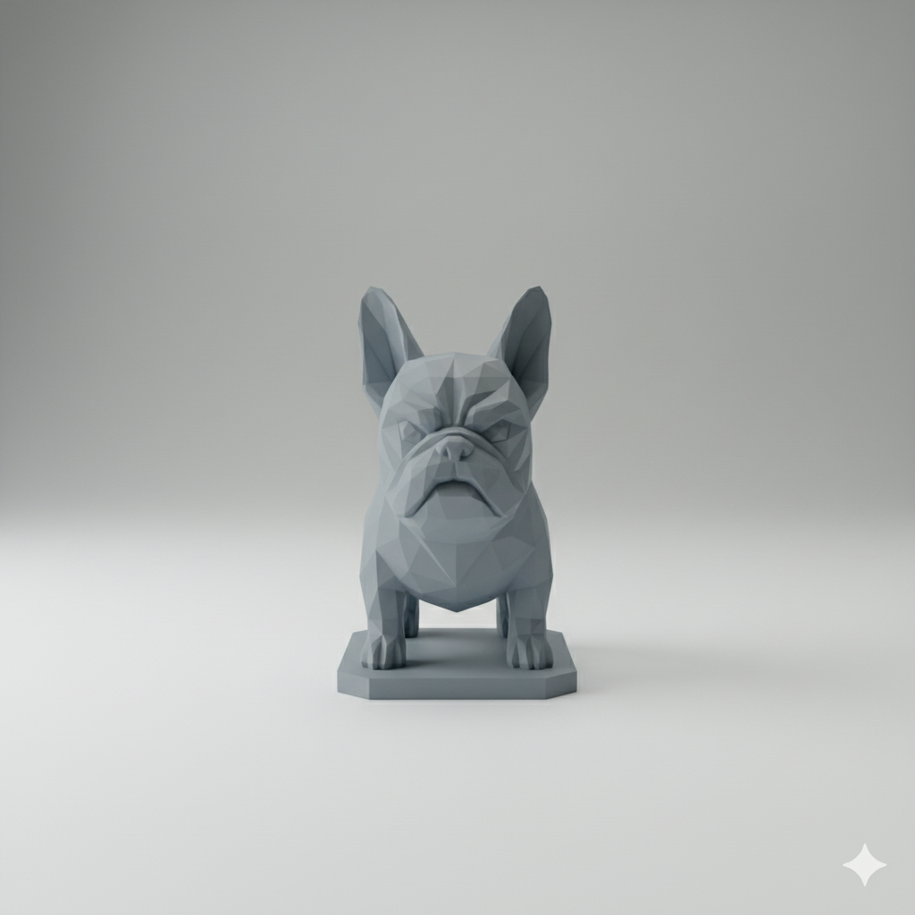Gray geometric dog sculpture on a wooden table in a living room setting