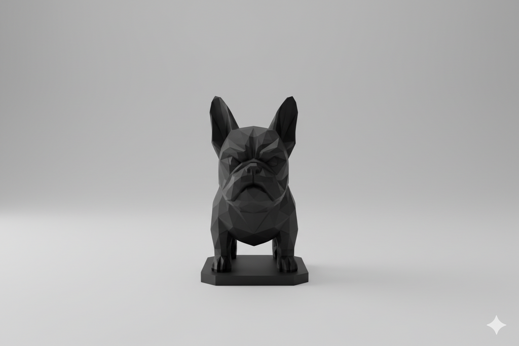 Low poly sculpture of a dog on a wooden table in a living room setting