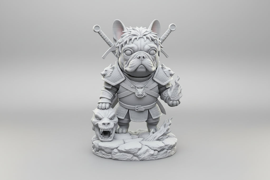 "Witcher French Bulldog figurine 3D printed grey front view - Geralt collectible