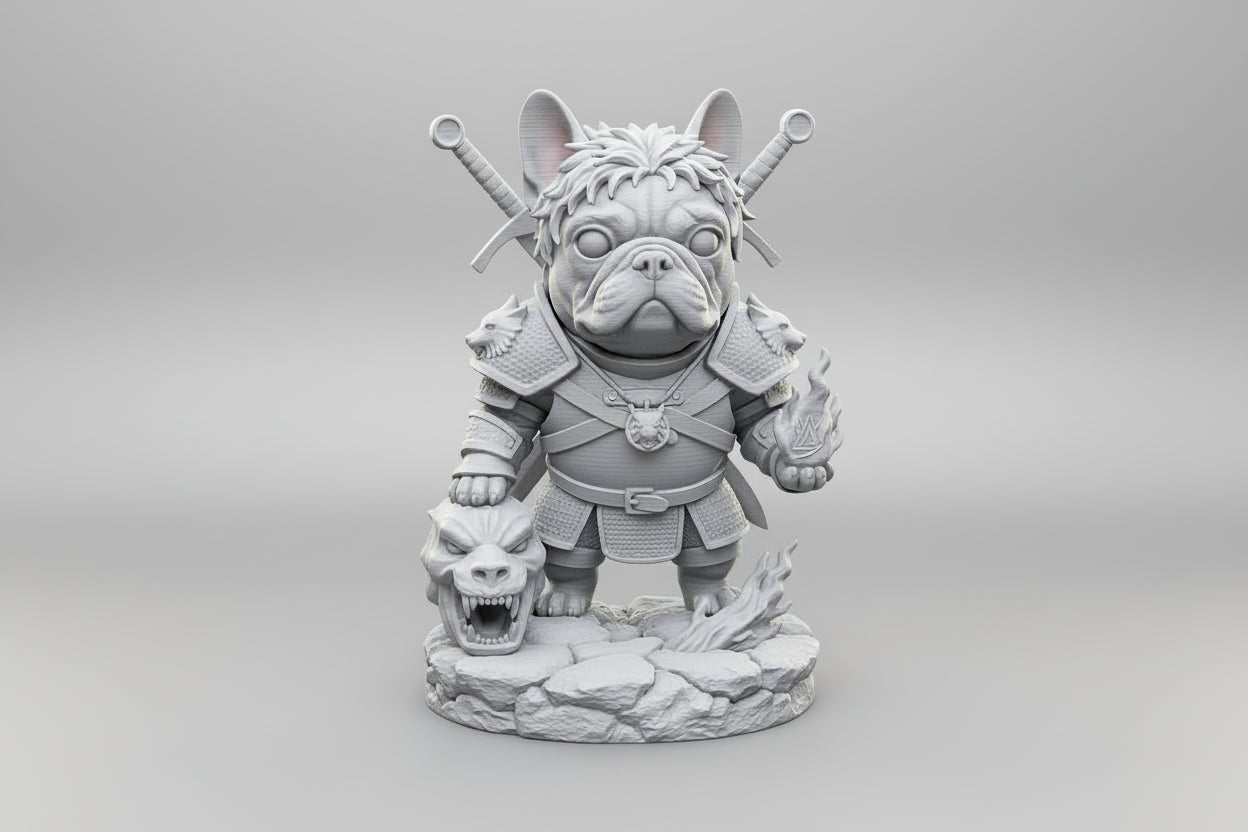 "Witcher French Bulldog figurine 3D printed grey front view - Geralt collectible
