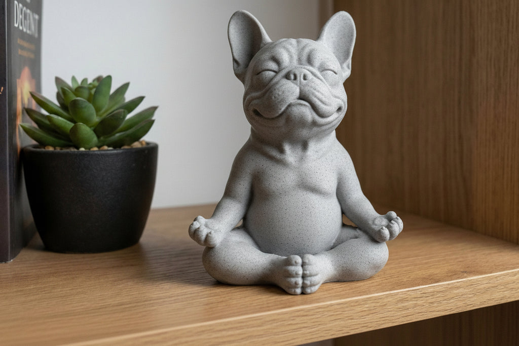 Stoneware dog figurine in a meditative pose on a wooden shelf with a plant in the background.