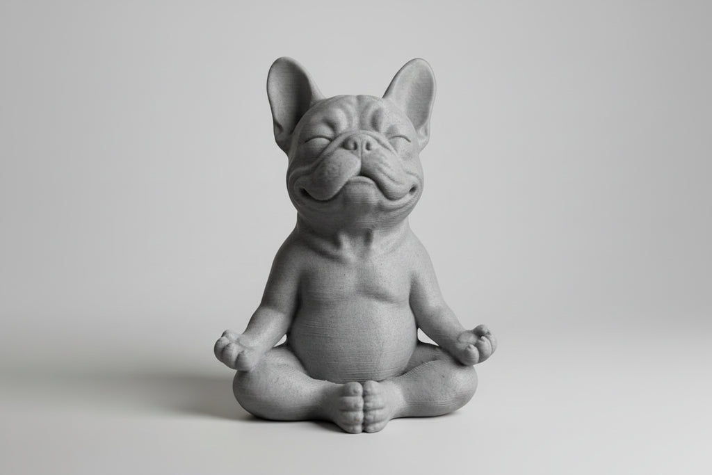 Gray ceramic bulldog figurine sitting in a meditative pose on a light gray background