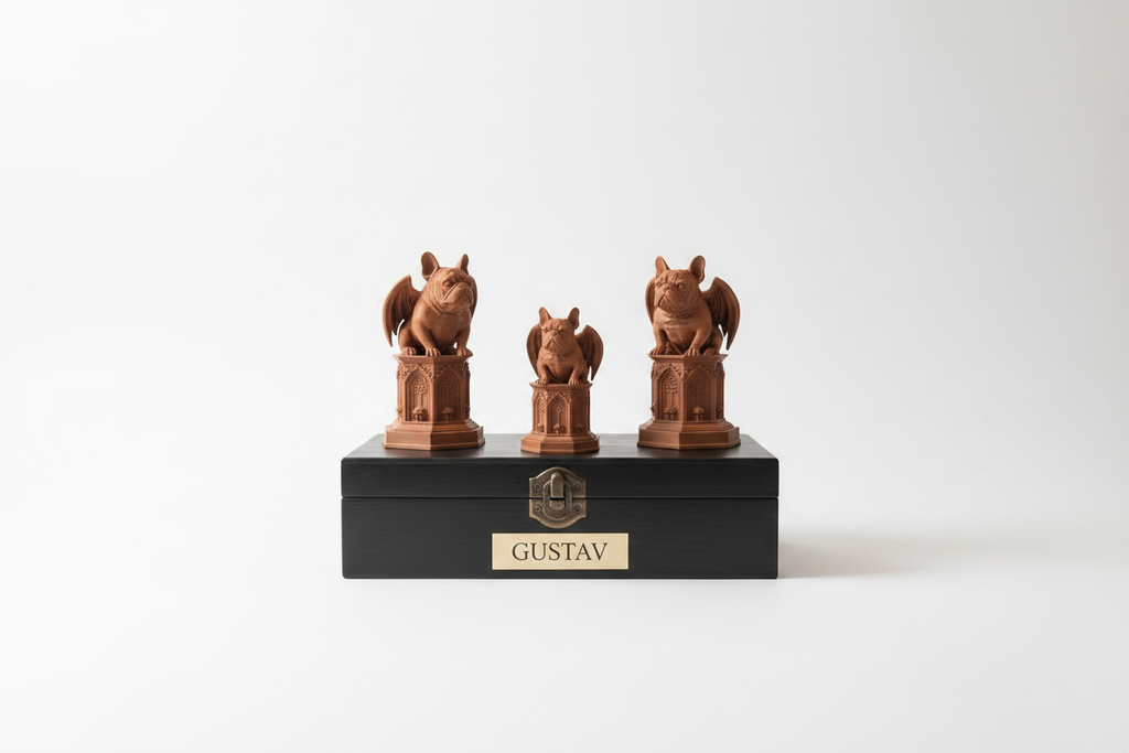 A black decorative storage box with a gold 'GUSTAV' plaque sits on a wooden console table in a styled room. Three small brown dog figurines are placed on top of the box, alongside a vase with dried branches and framed wall art.