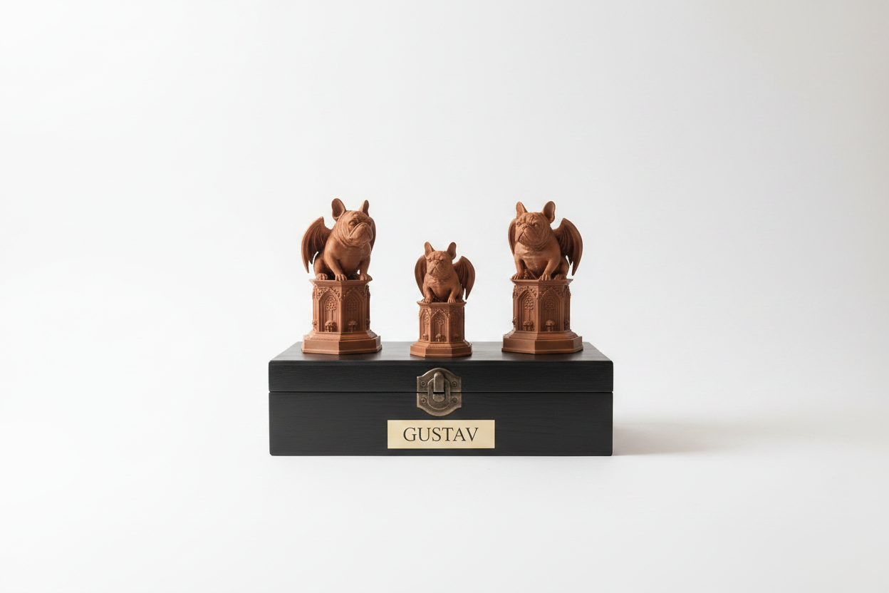 A black decorative storage box with a gold 'GUSTAV' plaque sits on a wooden console table in a styled room. Three small brown dog figurines are placed on top of the box, alongside a vase with dried branches and framed wall art.