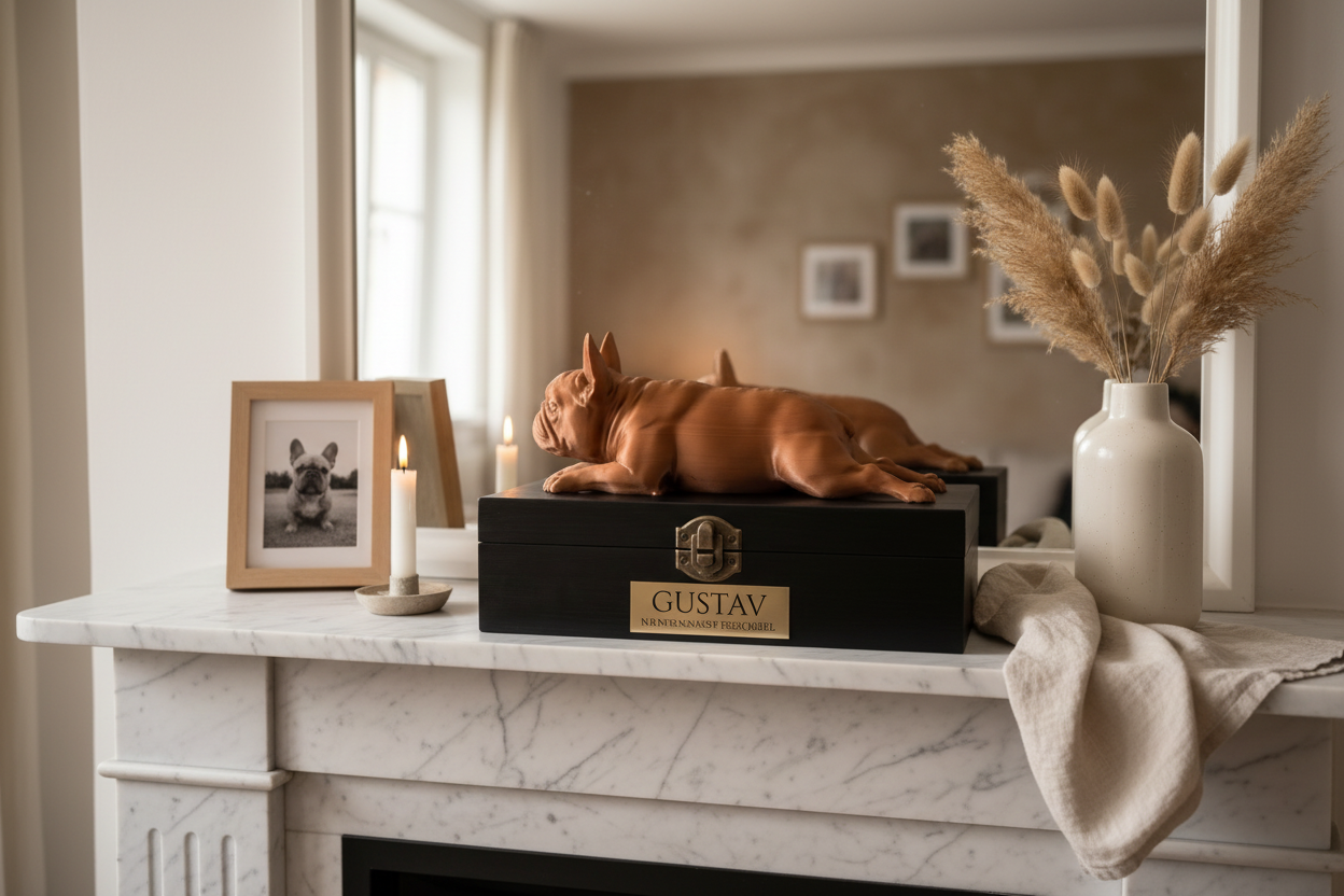 A brown French Bulldog figurine lying down rests on a black wooden keepsake box with a gold nameplate that reads 'GUSTAV'. The box is styled on a rustic wooden sideboard in a bright, modern living room setting with framed dog photos on the wall.