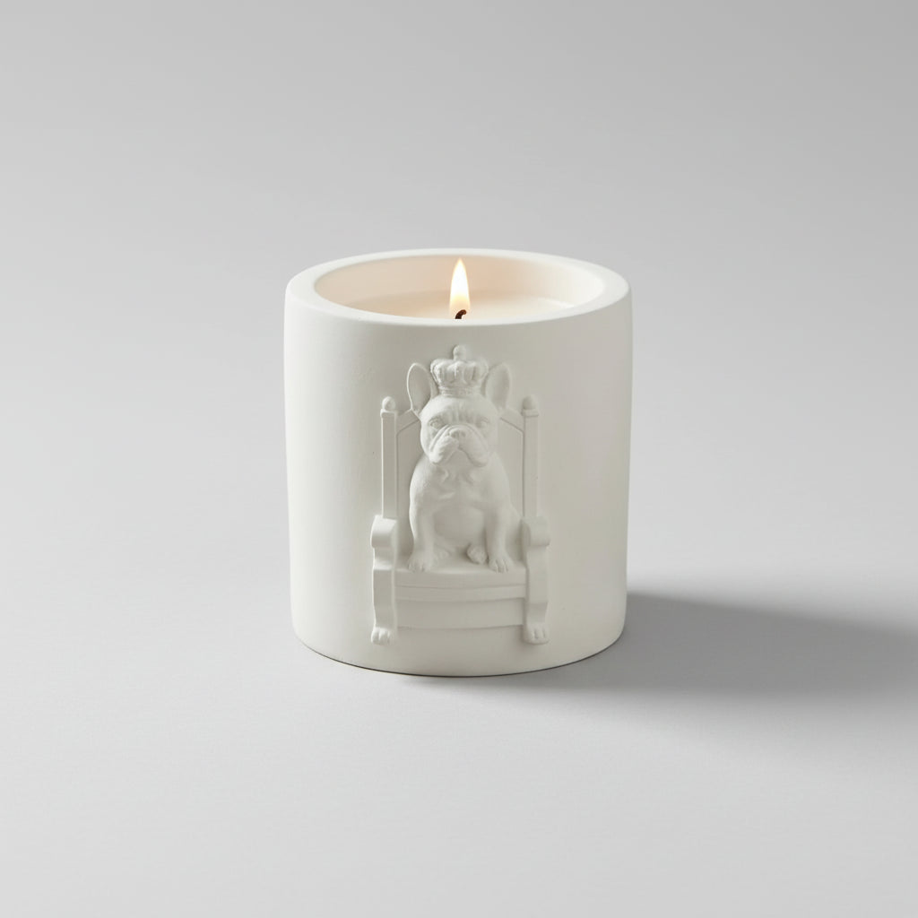 French Bulldog on throne sandalwood candle beige stonecast vessel