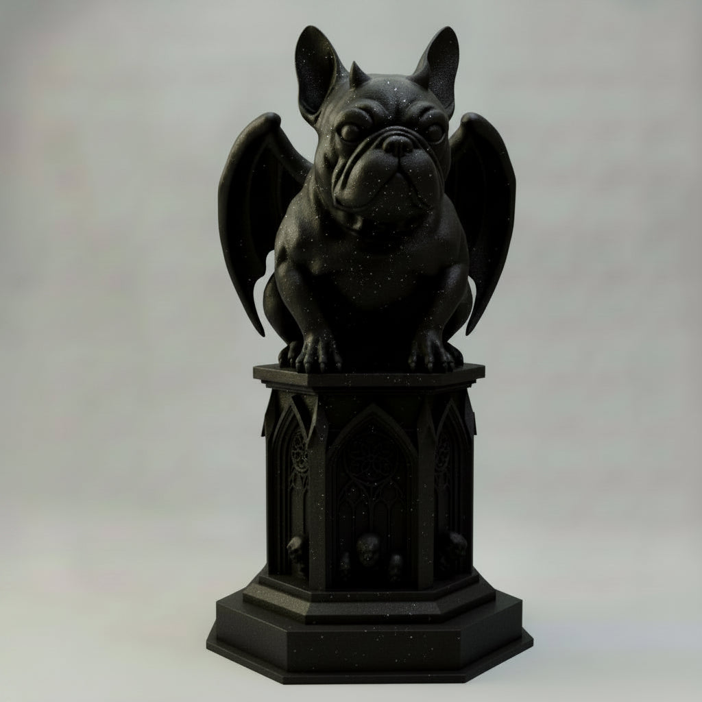 Gargoyle statue on a pedestal with a checkered background
