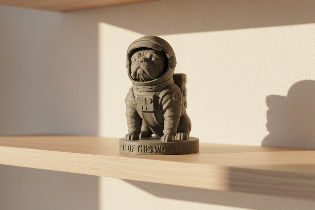 Statue of a dog in an astronaut suit on a wooden shelf with a soft shadow.