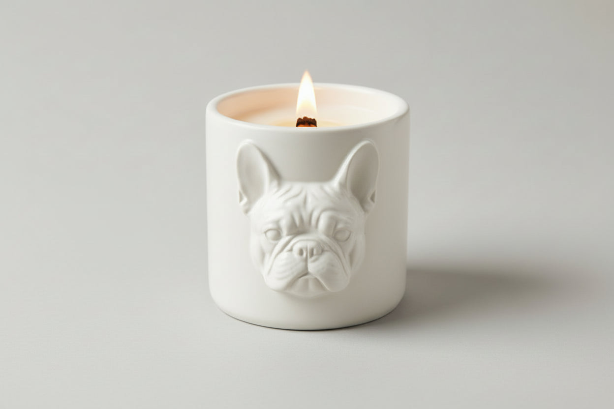 French Bulldog face stoneware candle wooden wick lavender cream speckled
