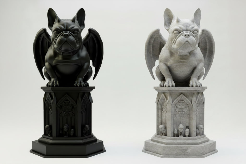 Gargoyle statue on a pedestal with a checkered background