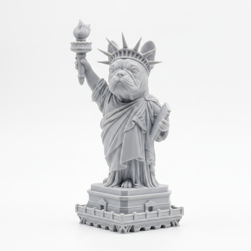 A gray 3D-printed figurine of a French bulldog styled as the Statue of Liberty, standing on a decorative base against a plain white background.