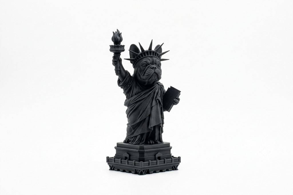 A black novelty figurine of the Statue of Liberty featuring a bulldog's head, standing on a detailed black base against a solid white background.