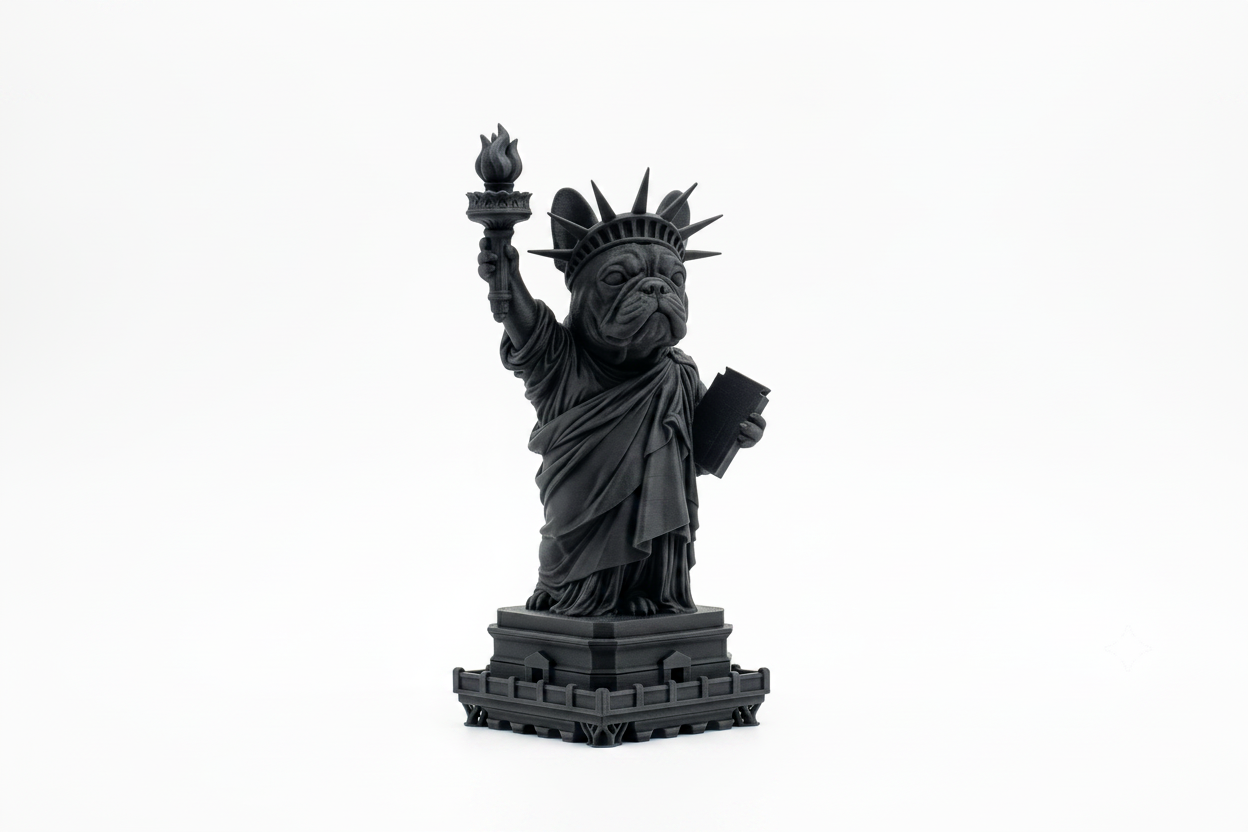 A black novelty figurine of the Statue of Liberty featuring a bulldog's head, standing on a detailed black base against a solid white background.