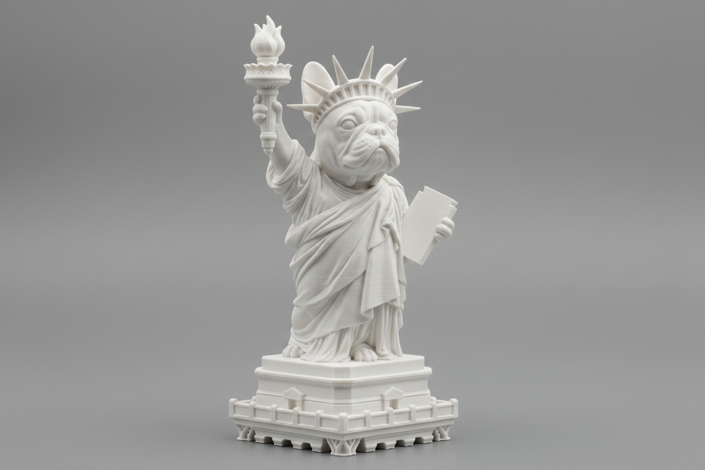 A white 3D-printed figurine of a bulldog styled as the Statue of Liberty, standing on a detailed pedestal against a seamless white background.