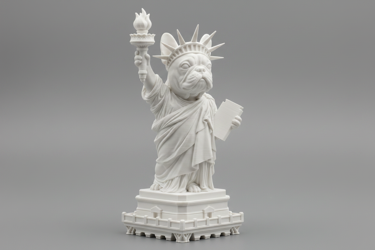A white 3D-printed figurine of a bulldog styled as the Statue of Liberty, standing on a detailed pedestal against a seamless white background.