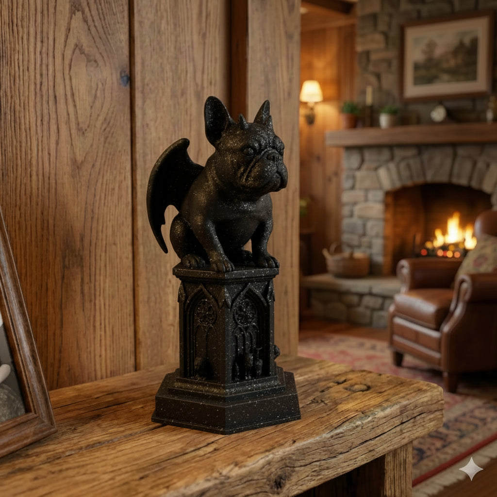 Statue of a dog on a pedestal in a cozy room with a fireplace.