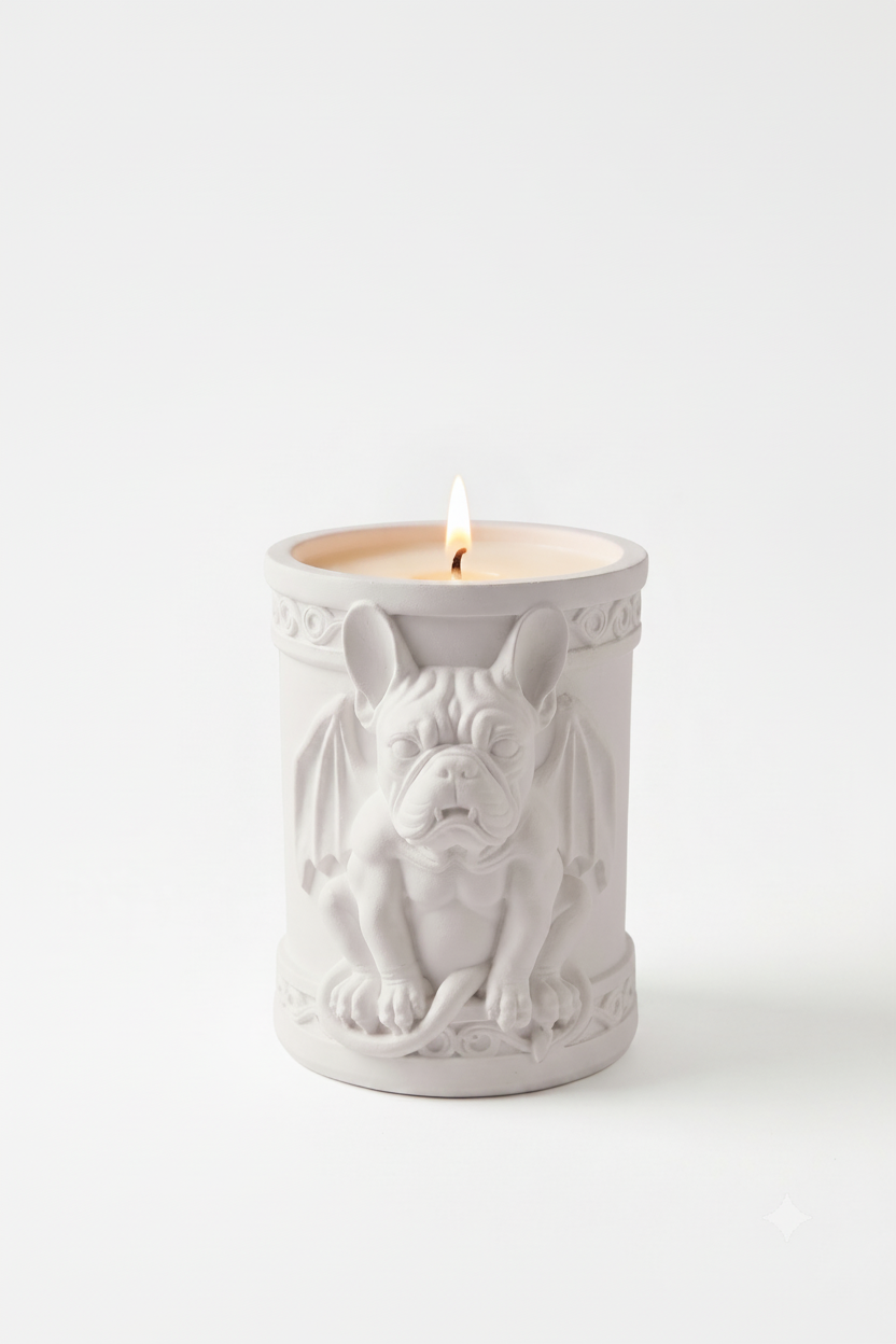 A white ceramic candle holder shaped like a seated gargoyle dog with wings, shown lit on a clean white background.