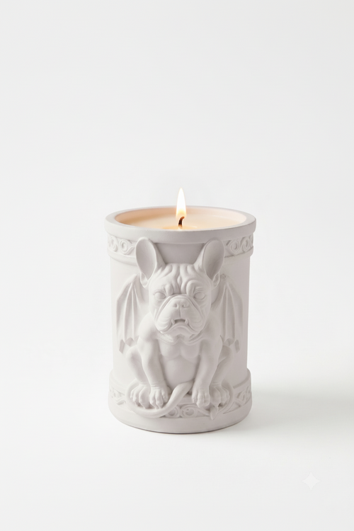 A white ceramic candle holder shaped like a seated gargoyle dog with wings, shown lit on a clean white background.