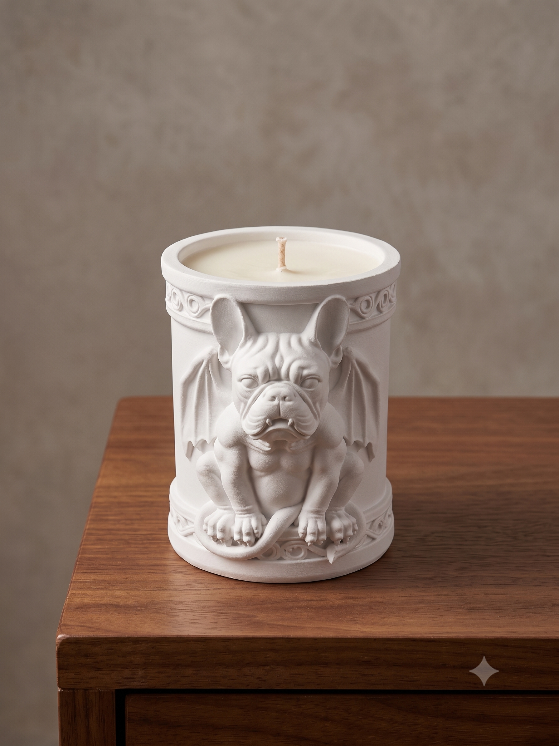 A white ceramic candle jar featuring a sculpted bulldog with bat wings, displayed on a wooden surface against a textured beige wall.