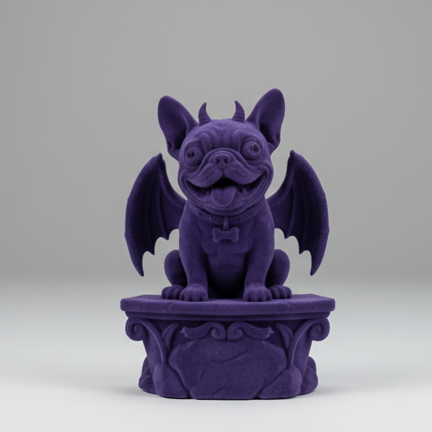 A small purple bat-shaped dog figurine sitting on an ornate pedestal, photographed on a white sheet over a gridded surface with a blurred indoor background.